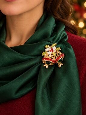 Gold-Tone Holiday Bell Brooch with Red and Green Accents